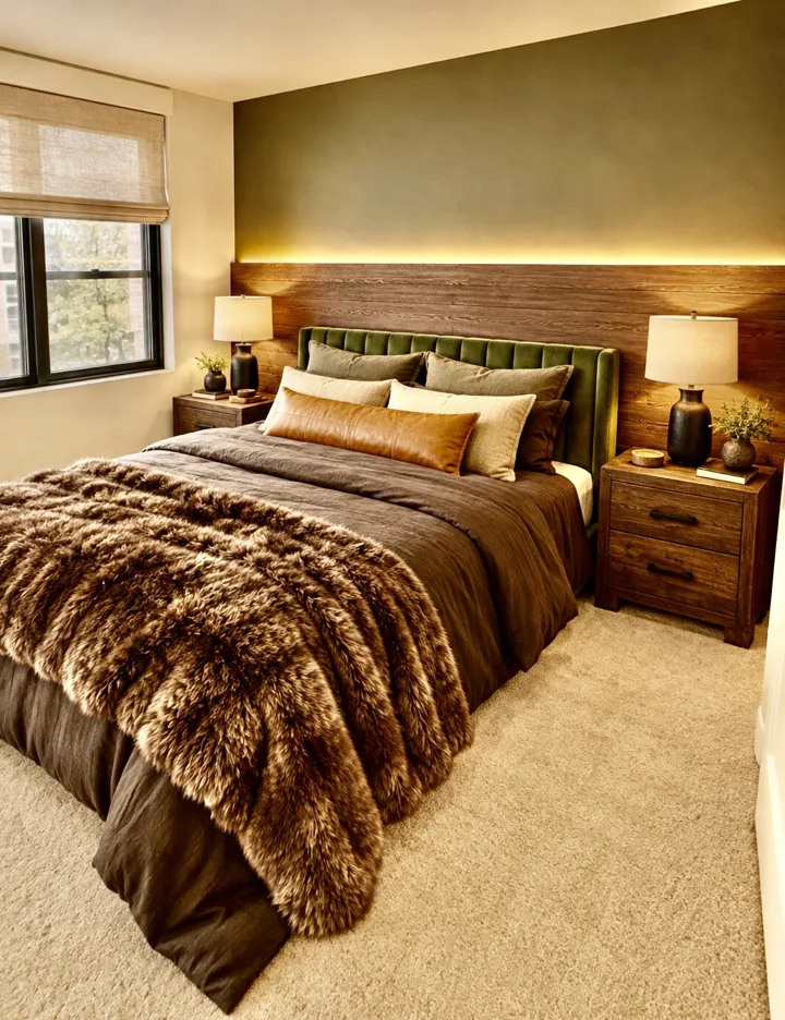 Bedroom design study with an olive upholstered headboard, warm wood, and layered bedding